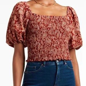 Express puffy sleeve paisley smocked crop top in size large
